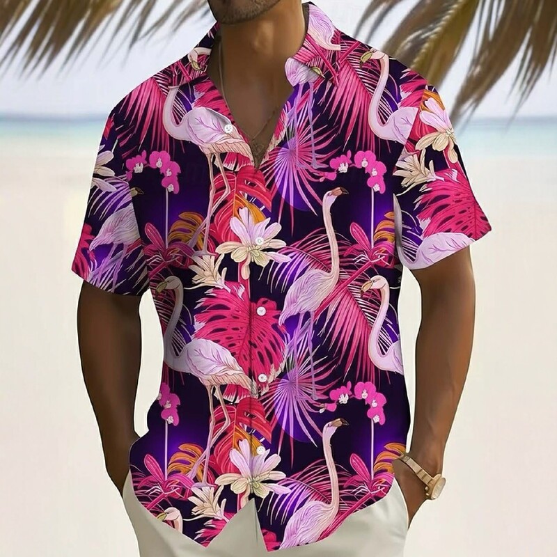 Cross-Border Exclusive Tropical Flamingo Plant Print Loose Cuban Collar Men's Island Casual Short-Sleeved Shirt Cross-Border Exclusive Tropical Flamingo Plant Print Loose Cuban Collar Men's Island Casual Short-Sleeved Shirt