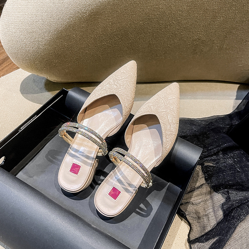 Closed toe sandals women's thick heel pointed rhinestone fairy plus size sandals with low heel small size flat half slippers Closed toe sandals women's thick heel pointed rhinestone fairy plus size sandals with low heel small size flat half slippers