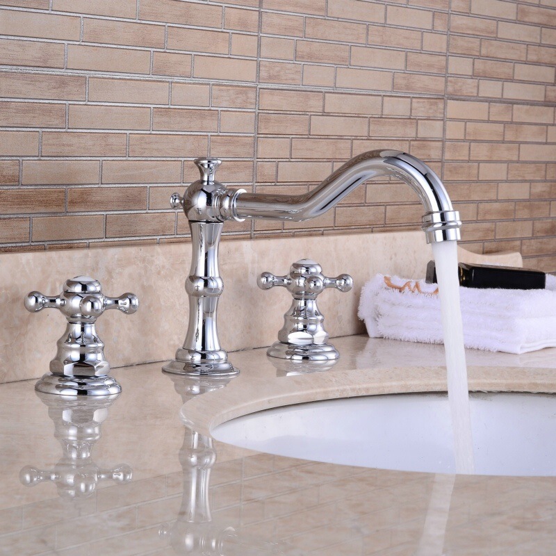 European Style Faucet Antique Three-Hole Faucet All Copper Hot and Cold 8inch Chrome-Plated American Countertop Basin Faucet Rotating