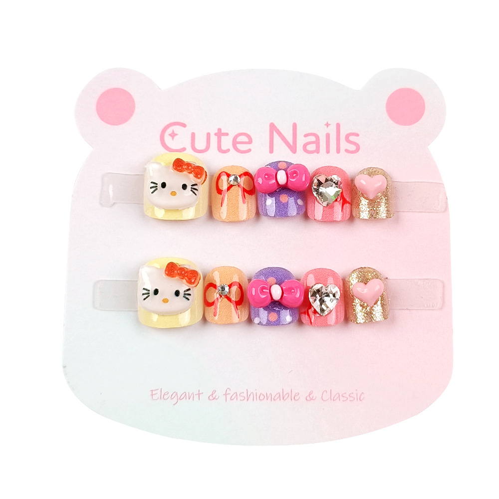 Parche de uñas de lazo para niños, uñas cortas de gato tridimensional 3D, 10 piezas de uñas para niños con diamantes