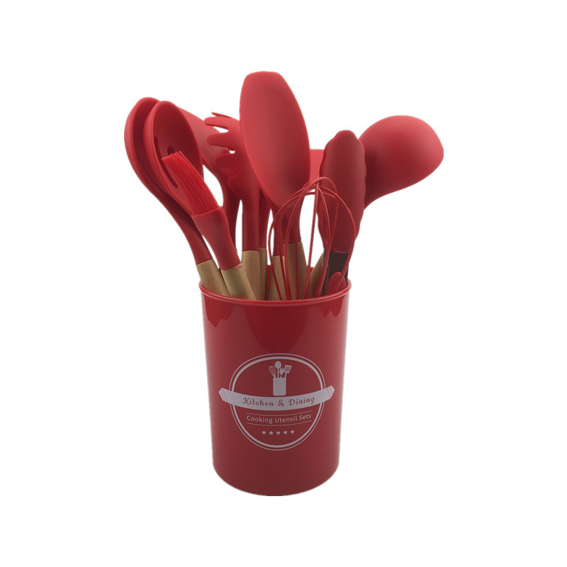 Utensilios de cocina de silicona juego de 19 piezas cuchillo de cocina sartén antiadherente cuchara mango de madera utensilios de cocina de silicona juego de 12 piezas en stock transfronterizo