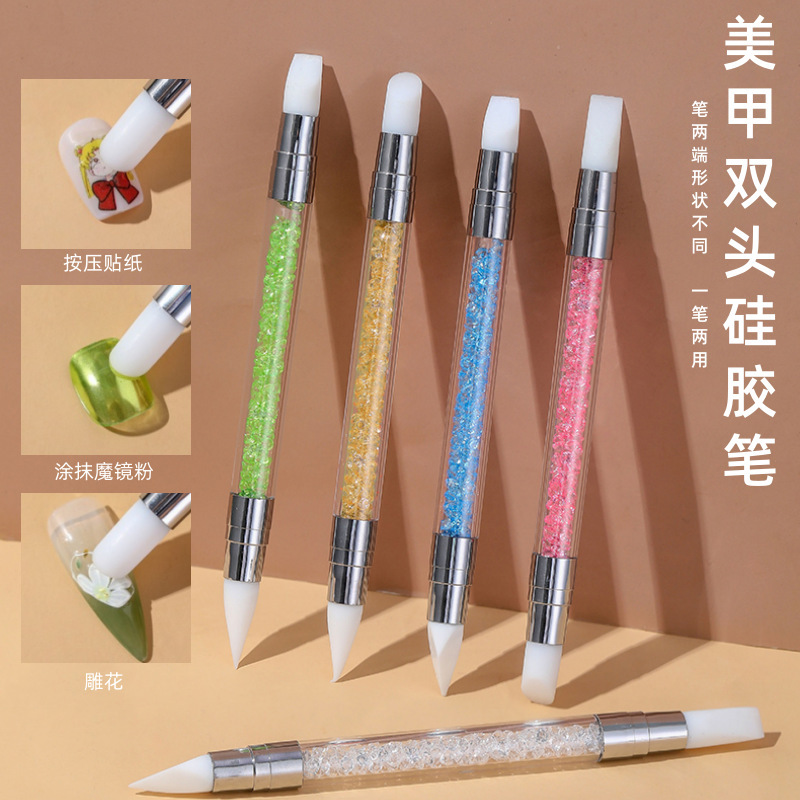 Nail art double-headed silicone pen smearing magic mirror powder sticker pressing stick carved glue multifunctional nail art tools wholesale