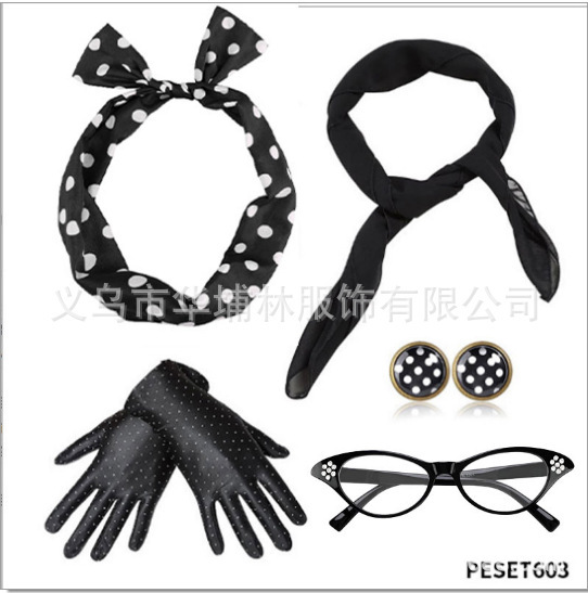 50S Women's Dress up Party Gloves Set 5-Piece Set Headband Glasses Scarf Polka Dot Necklace Earrings Decoration