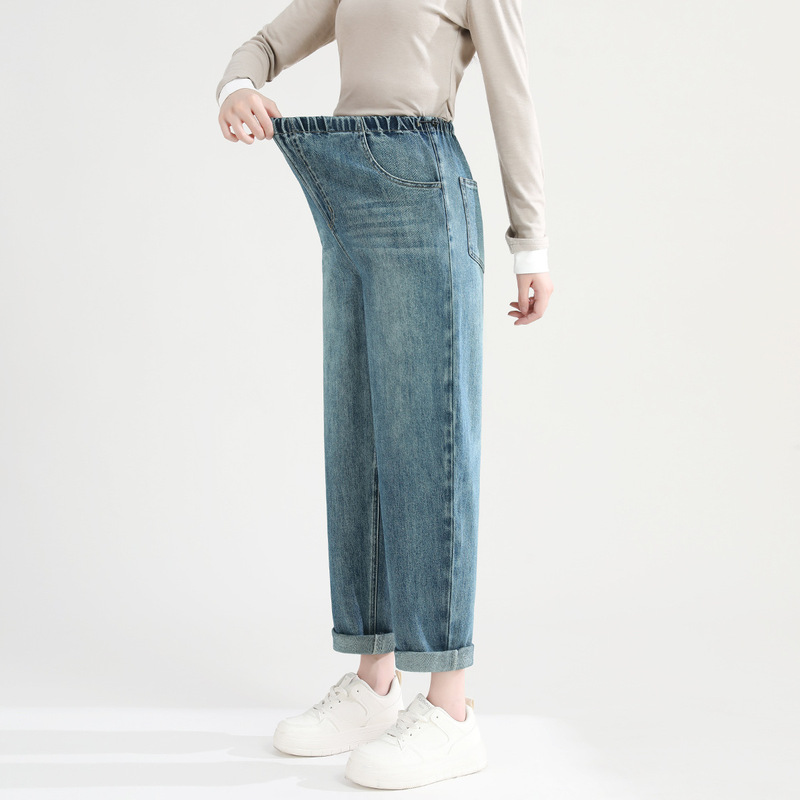 Pregnant Women's Dad Pants Autumn and Winter Outer Wear plus size Drawstring Abdomen-Free Loose Autumn and Winter Short Straight Jeans Autumn Pregnant Women's Dad Pants Autumn and Winter Outer Wear plus size Drawstring Abdomen-Free Loose Autumn and Winter Short Straight Jeans Autumn