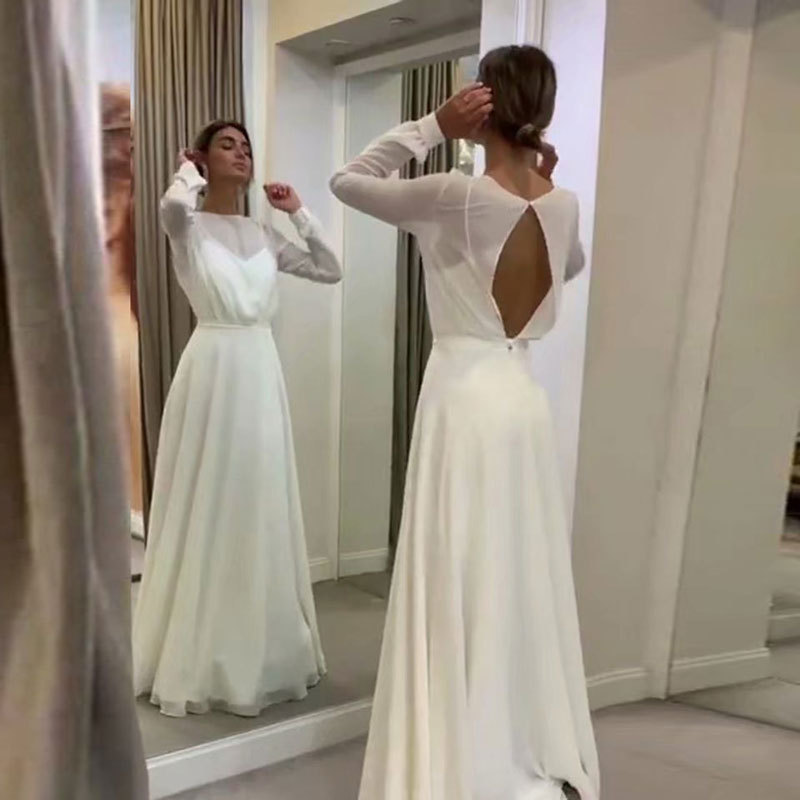 Comercio exterior europeo y americano Amazon AliExpress deseo elegante vestido de novia nueva gasa cuello redondo manga larga piso-longitud vestido