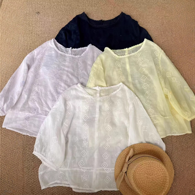 26 Summer Korean-Style Loose-Fitting Youthful Fresh Ramie Embroidered Patchwork Lace Three-Quarter Sleeve Pullover Shirt Lightweight Blouse for Women 26 Summer Korean-Style Loose-Fitting Youthful Fresh Ramie Embroidered Patchwork Lace Three-Quarter Sleeve Pullover Shirt Lightweight Blouse for Women