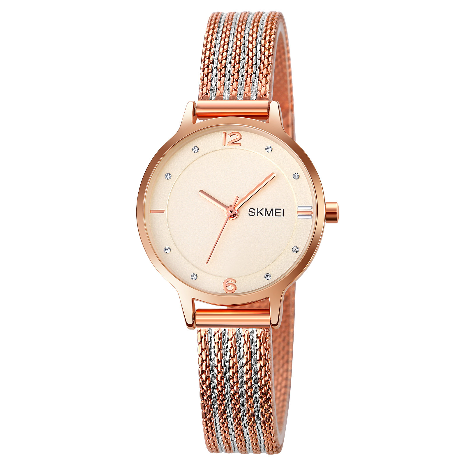 Momentos de belleza moda reloj de pulsera damas oro rosa correa de trenzado de plata simple reloj de cuarzo fuente fábrica personalizada al por mayor