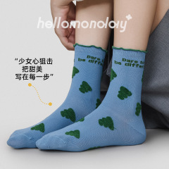 85877*诸暨袜子女秋季木耳花边中筒袜灰色圆点字母无骨长袜秋冬季