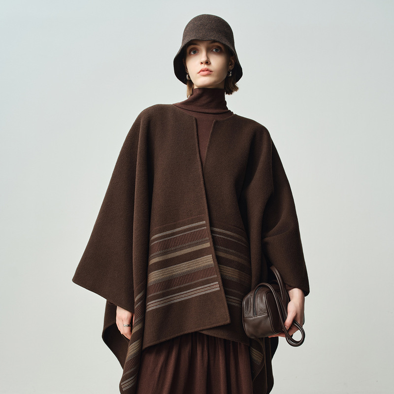 Minimalist Row Style One-Piece Cape Shawl Double-Sided Wool Coat with Embroidery Design Cashmere Coat