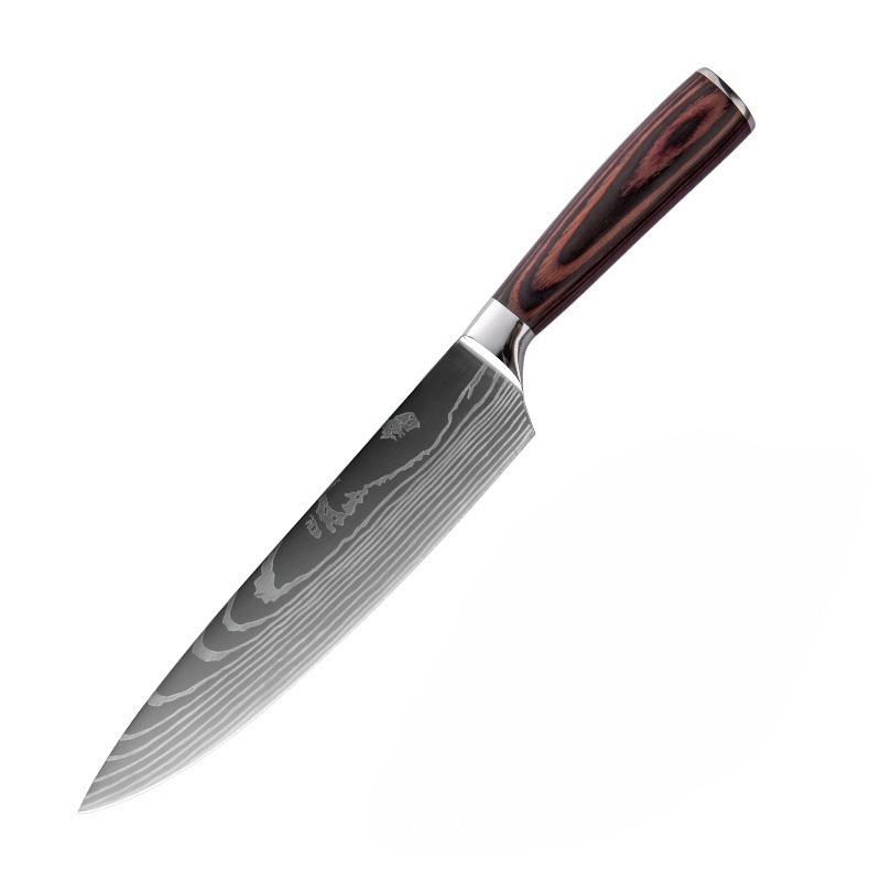 Venta caliente transfronteriza patrón de Damasco cuchillo de chef mango de madera de color cuchillo de cocina de acero inoxidable juego de cuchillos de estilo japonés Sande al por mayor