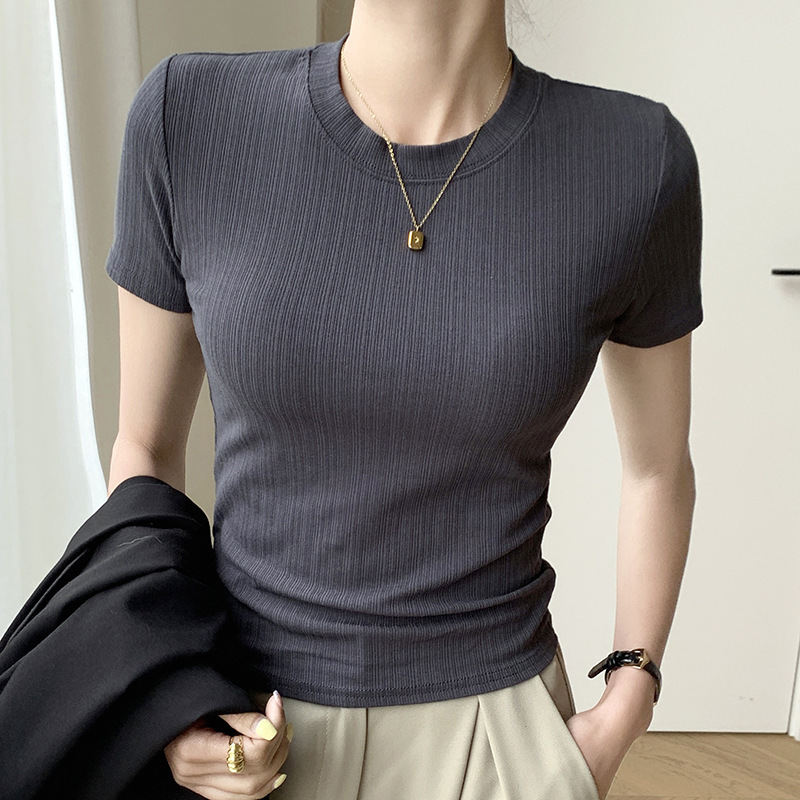 H311 新しいラウンドネック Tシャツ女性の夏のトップカジュアル半袖 Tシャツ多用途通気性女性のスリムフィットボトリングシャツ|undefined