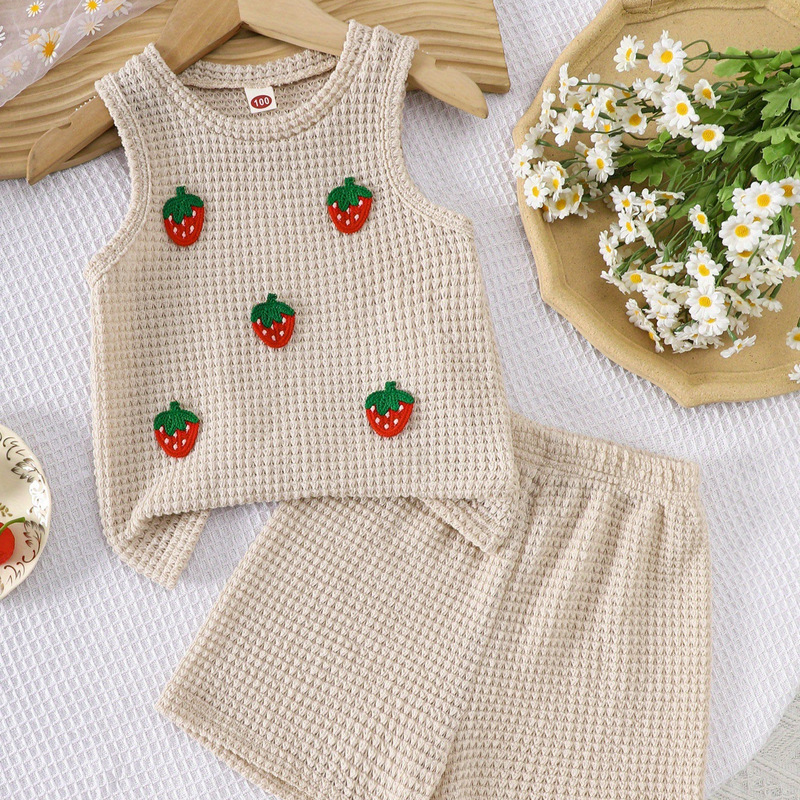 Girls' Knitted Vest Set, Summer Baby Strawberry Jeans, Summer Outfit for Little Girls, Korean Style, Versatile and Sweet