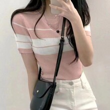 2023夏季新款百搭泡泡袖百搭上衣薄黑白撞色条纹短袖针织衫女乙鸟