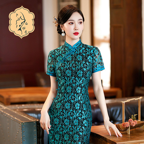 Retro Chinese Dress oriental Cheongsam for women ms green sexy Chinese dress lace collar evening dress with short sleeves outfit hollow out process