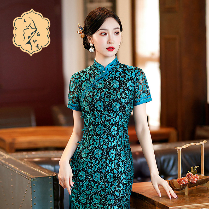 Retro Chinese Dress oriental Cheongsam for women ms green sexy Chinese  dress lace collar evening dress with short sleeves outfit hollow out process