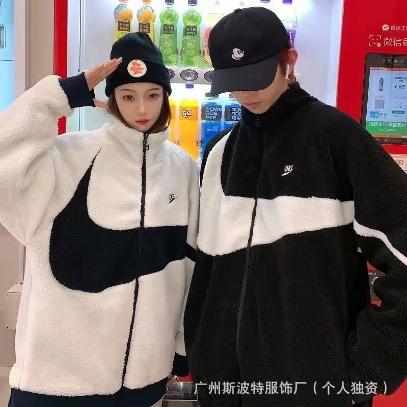 Cross-Border Winter Jacket Nk Fleece Large Hook Unisex Double-Sided Cotton Jacket Thickened Lamb Fleece Stand Collar Embroidery