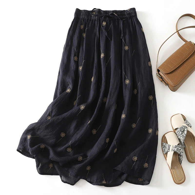 Настоящая фотография юбки с принтом одуванчика в литературном стиле ретро с цветочным принтом, высокая талия, универсальная свободная юбка трапециевидной формы, двухслойная