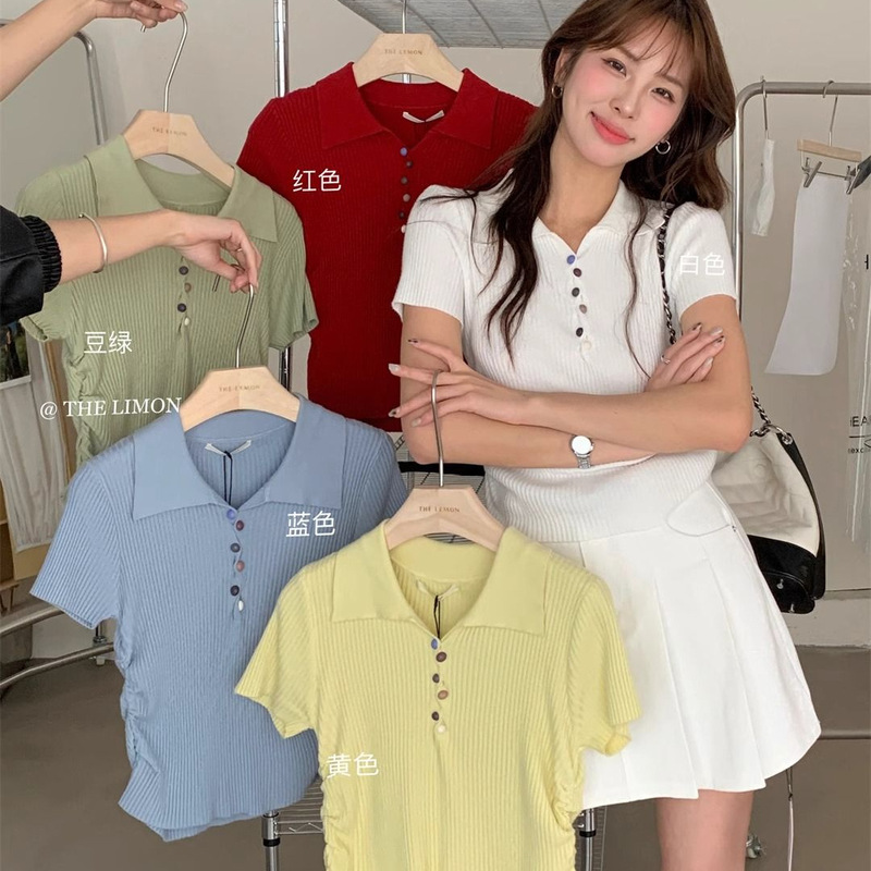 The Lemon Korean Style Colorfulful Button Design Polo Collar Age-Reducing Knitwear Women's Summer Ins Short-Sleeved Top The Lemon Korean Style Colorfulful Button Design Polo Collar Age-Reducing Knitwear Women's Summer Ins Short-Sleeved Top