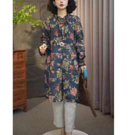 中式风复古印花中长款衬衫女春夏新款宽松气质文艺范百搭上衣女