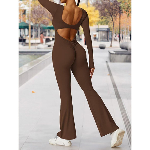 Women's Cross-Border European and American 2025 Autumn New Solid Color Tapered Hip Bodysuit with Long Sleeve Backless Sports Yoga Wear