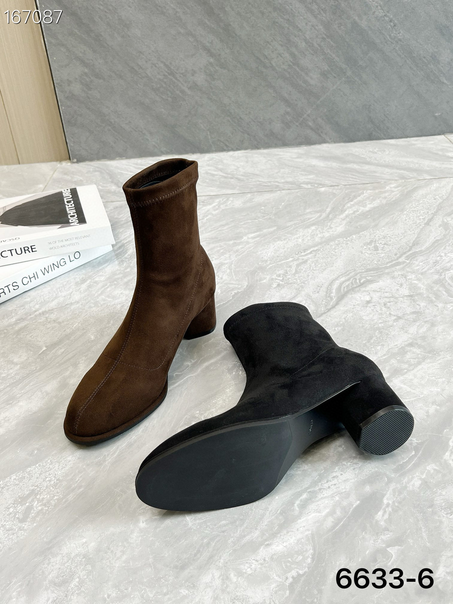 Boot cổ thấp nữ mũi nhọn gót thô cao 6 cm đế xuồng co giãn ôm chân — Màu nâu, Màu đen chi tiết 6