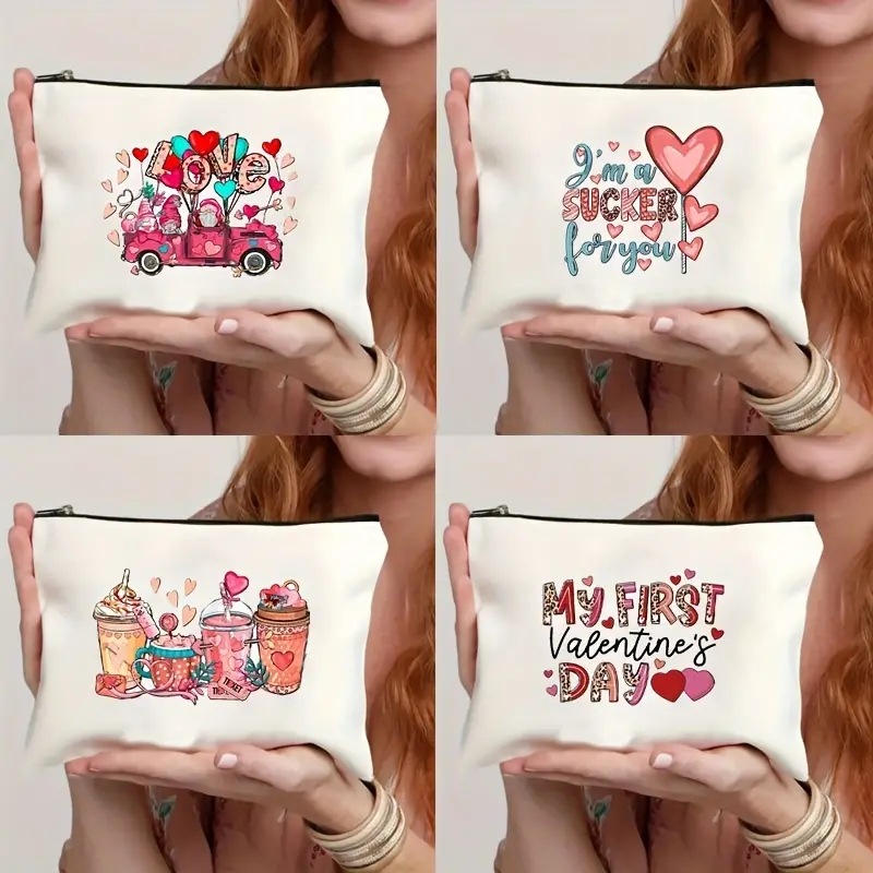 Cross-border Amazon Temu popular Día de San Valentín de lino de doble cara de impresión bolsa de cosméticos bolsa de almacenamiento de las mujeres de múltiples funciones tirón
