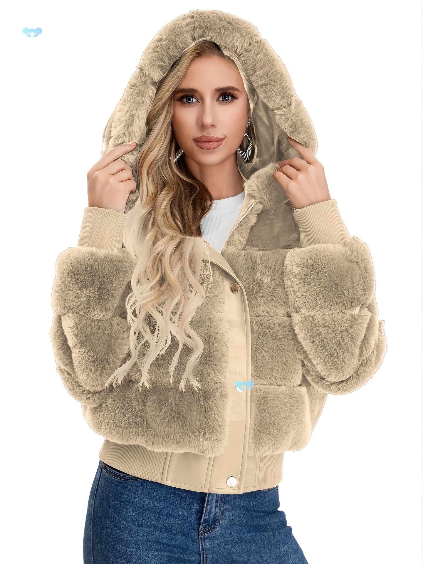Женская куртка с отделкой из искусственного меха кремового цвета с длинными рукавами Уютная трансграничная