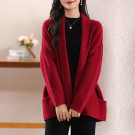 新款秋冬款慵懒风100%纯羊毛开衫女无扣宽松毛衣外套针织外搭潮流