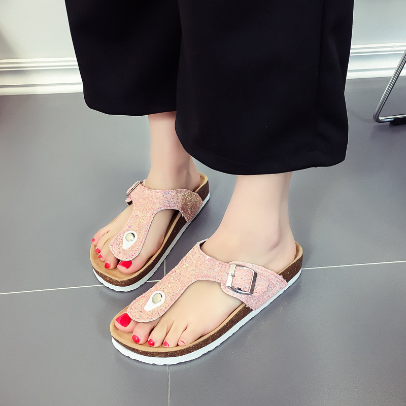 New large-sized women's sandals for foreign trade, colorful ice crystal water diamond cork slippers, Korean-style fashionable herd-shaped slippers for women undefined