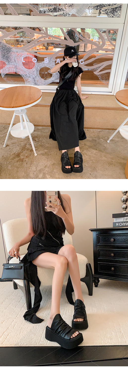 Dép sandal nữ hở mũi đế dày xếp li phong cách La Mã — đen, trắng chi tiết 7