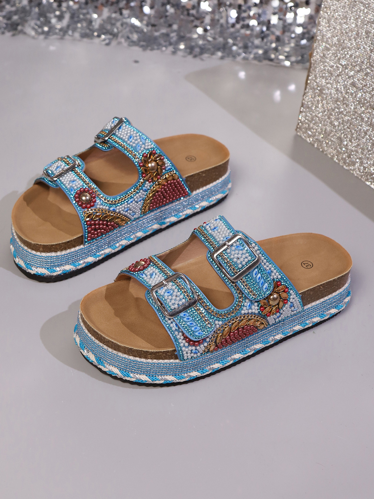 Sandale platformă damă cu strass și catarame pentru plajă_voghion.com