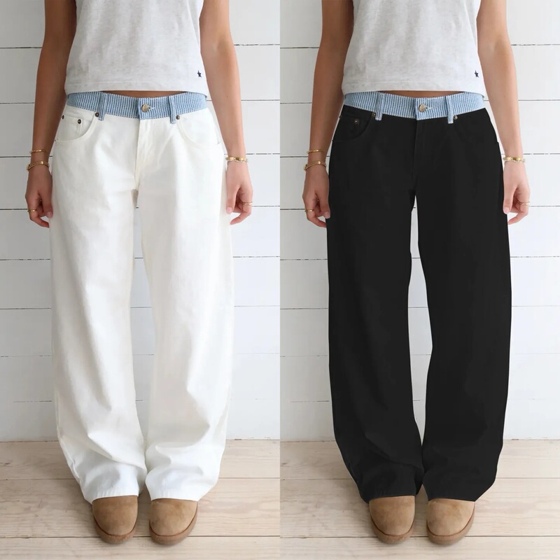 Spring and Summer New Style Straight-Leg Jeans for Women with Contrasting Color Lettering and Webbing Stitching, Casual Pants, Loose Slimming Long Pants