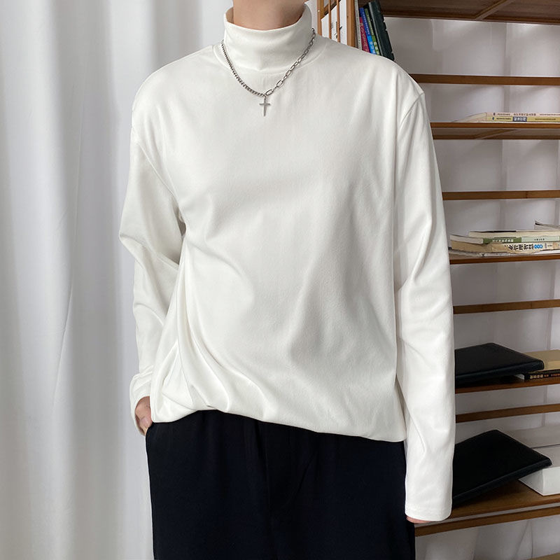 De una sola pieza de terciopelo de doble cara ropa interior térmica del todo fósforo camiseta de los hombres de cuello alto de color sólido de manga larga Camiseta ropa de otoño image 3