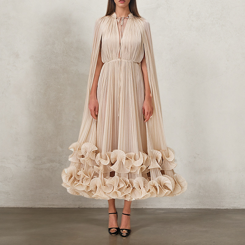 Australian Trendy Brand V-neck Vippet Style Wooden Edge Dress Women's Summer New Double-layer Hem Elegant dress