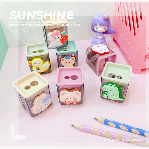 Pencil Sharpener Mini Portable Cute Cartoon Ins Style Student Stationery Pencil Sharpener Small Double Hole Pencil Sharpener PVC