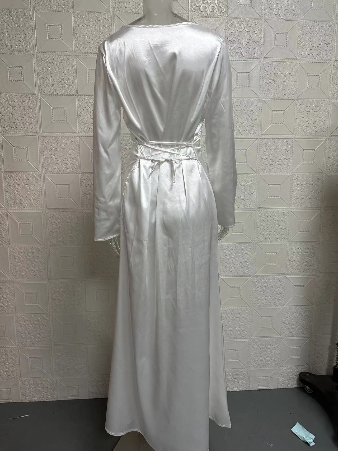 Women's Clothing white round neck long sleeves women's lace up alienated national style temperament lazy style waist dress_voghion.com