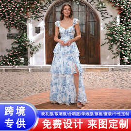 2026新款欧美时尚女装亚马逊性感V领舞会晚礼服修身蛋糕裙长裙女