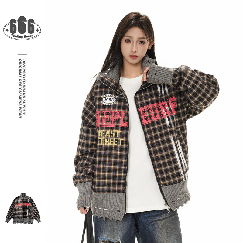 Beast Street American Trendy Brand Lapel Jacket Loose National Trendy Brand Splicing Plaid Jacket for Men and Women Ck006