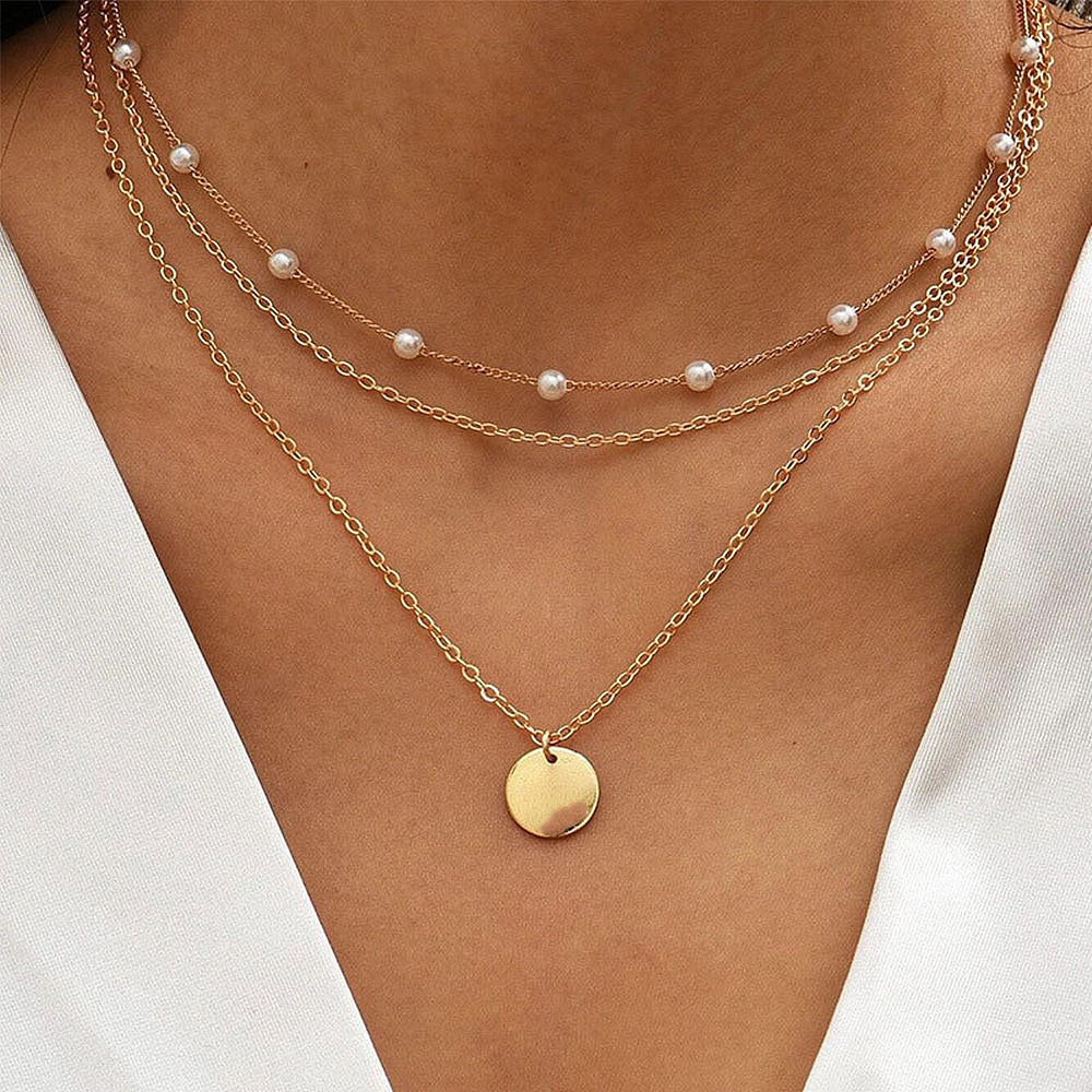 Chaîne multi-rangs tendance européenne et américaine pour femme, simple et élégante, style moderne, pendentif rond, alliage_voghion.com