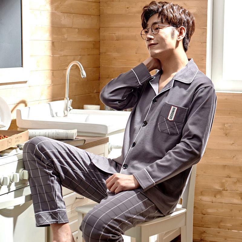 남성 잠옷, 남성용 얇은 긴팔 면 100% 봄, 가을, 겨울 홈웨어 슈트, 가디건, 고급 플러스 사이즈