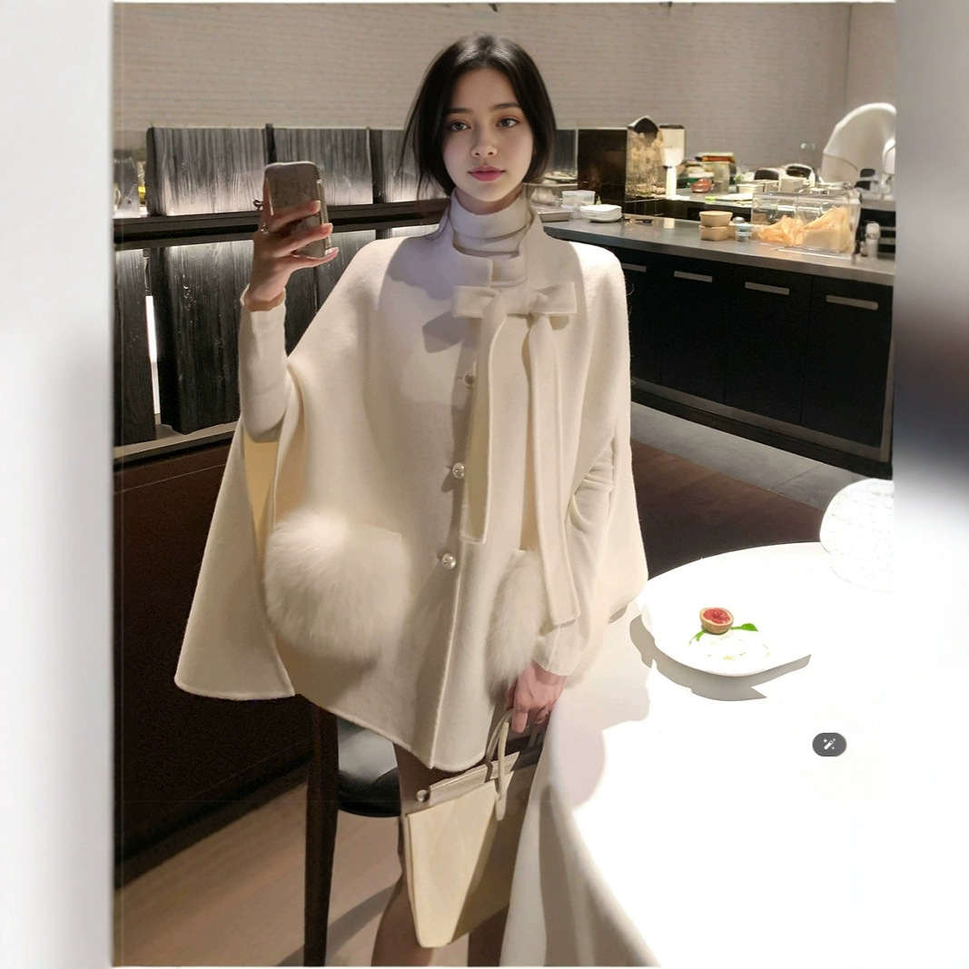 더러운 망토 진짜 여우 모피 포켓 100 울 양면 양모 코트