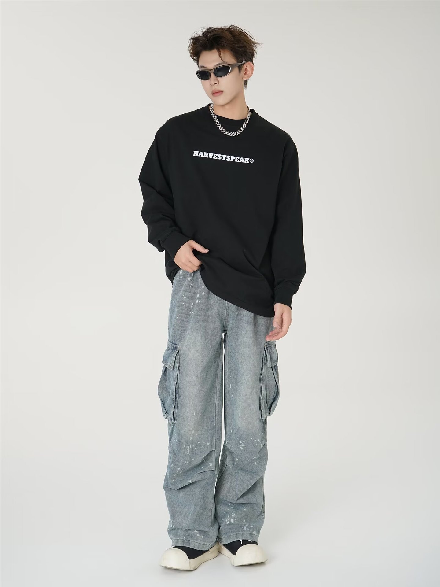 Vintage Cargo Jeans für Herren – Distressed Multi-Pocket Streetwear Hose mit Farbspritzern & Oversized Fit (S-XXXL) – Grunge Revival Essential_voghion.com