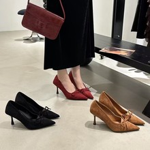 2025秋季绒面晚晚蝴蝶结尖头OL职业优雅通勤宴会细高跟夜店女单鞋