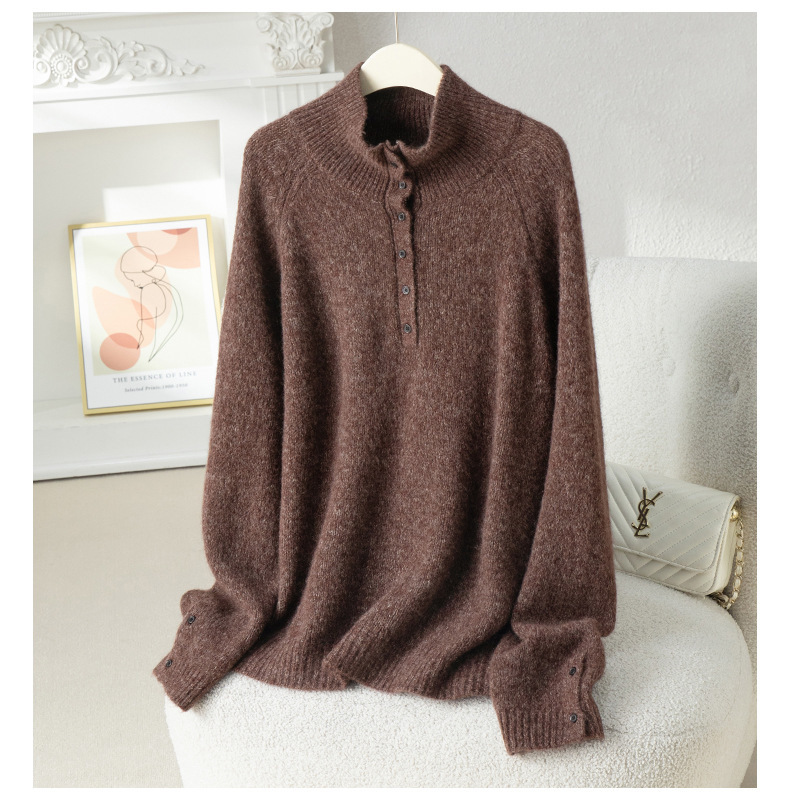 2025 Puyuan Autumn and Winter New Product Stand-Up Collar Half Placket Design Silk Cashmere Sweater for Women "Close-Fitting Small Heater"