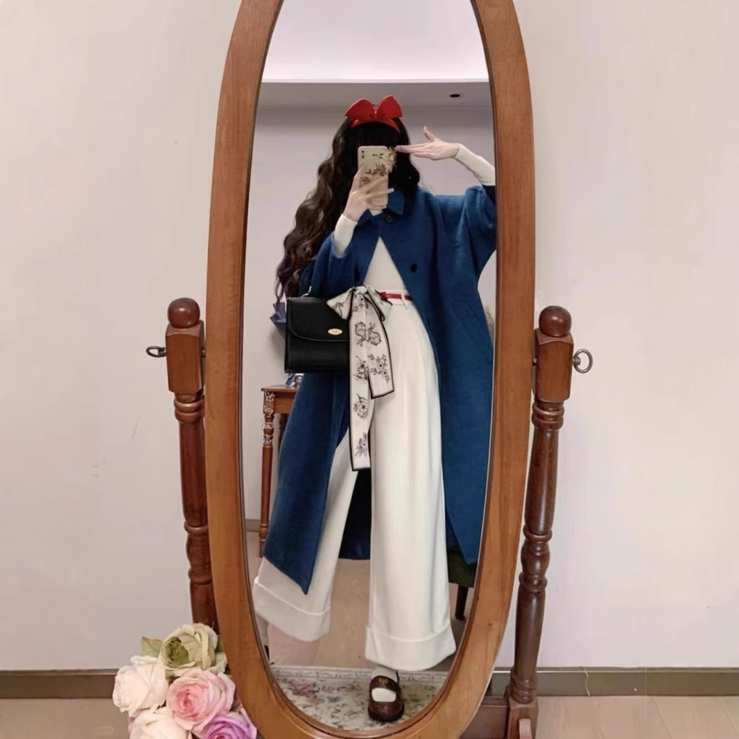 싱글 브레스트 루즈 야크 울 코트 여성 가을과 겨울 2024 새로운 빈티지 프린세스 블루 양면 양모 코트
