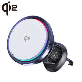 QI2制冷15W磁吸车载无线充电器 适用苹果15LED炫彩灯手机支架跨境