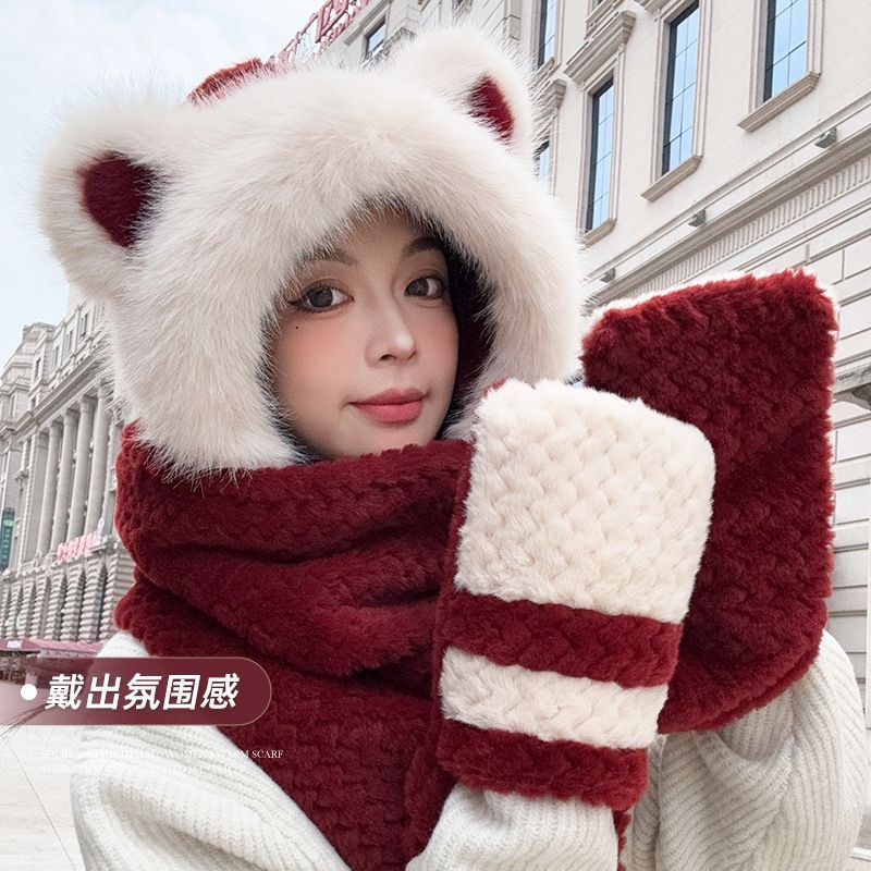 爆款美乐熊帽子围巾手套三合一拼色毛绒加厚保暖显脸小时尚三件套|undefined