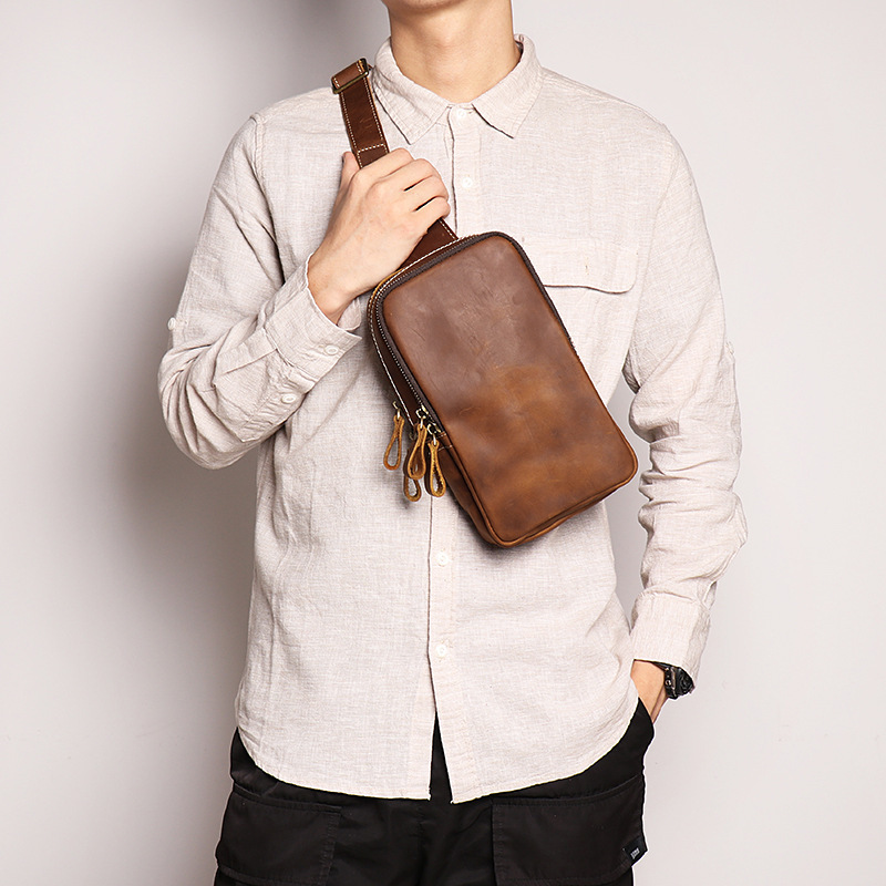 Cross-Border Factory New Men's Genuine Leather Close-Fitting Chest Bag Women's Crazy Horse Leather Crossbody Bag Large Capacity Single Shoulder Cowhide Small Bag