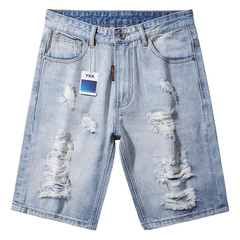 5501 | Large Size Men's Summer Ripped Denim Shorts Men's Loose Plus Large Fat Men's Cotton Five-point Pants
