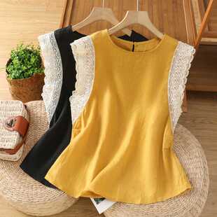 Real Shot of Lace Splicing Flying Sleeve Cotton and Linen Shirt for Women European Summer New Style European Women's Fashionable Shirt Trend
